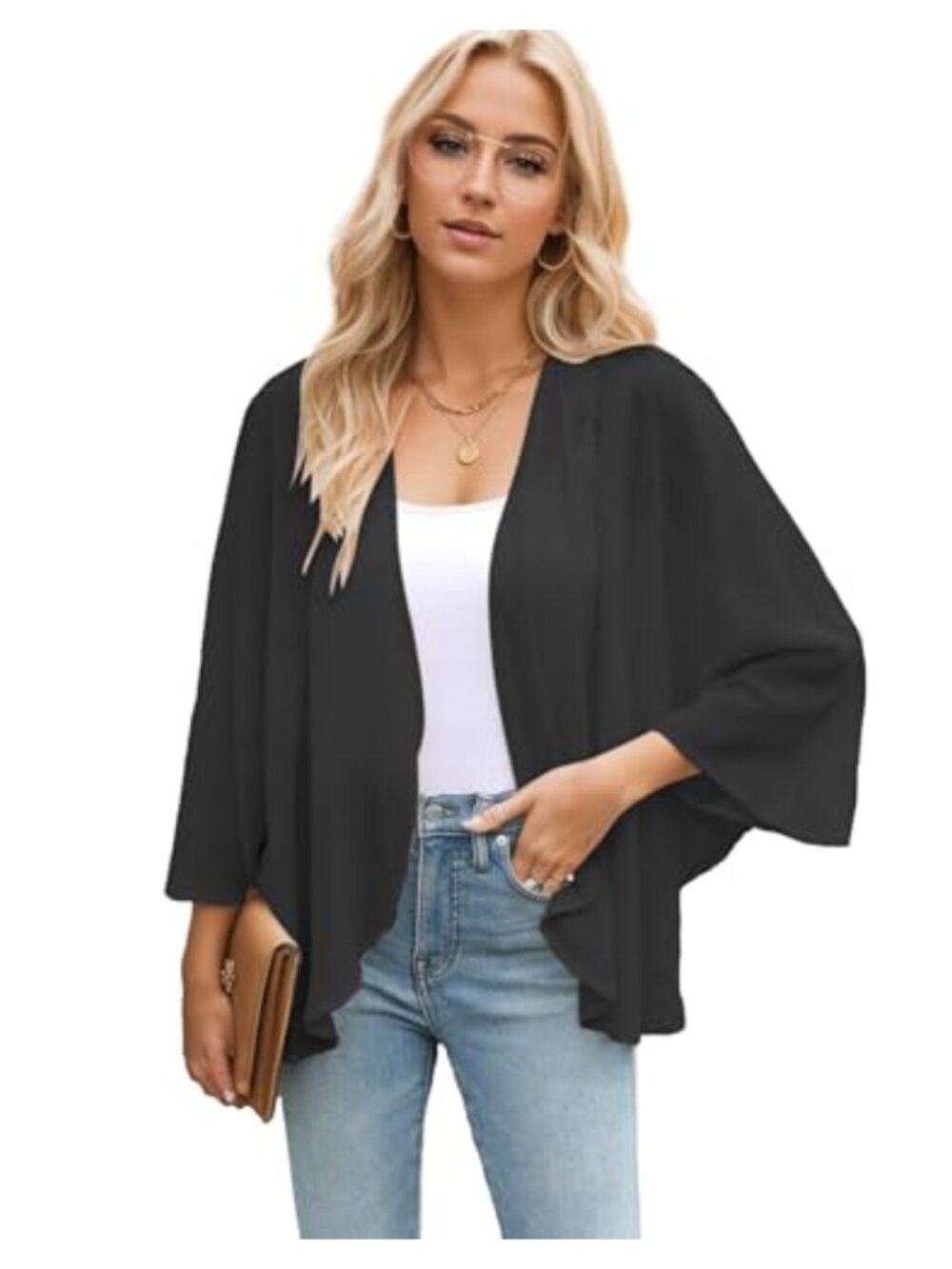 Famulily Women's Summer 3/4 Sleeve Cardigan Chiffon Open Front Beach Cover Up